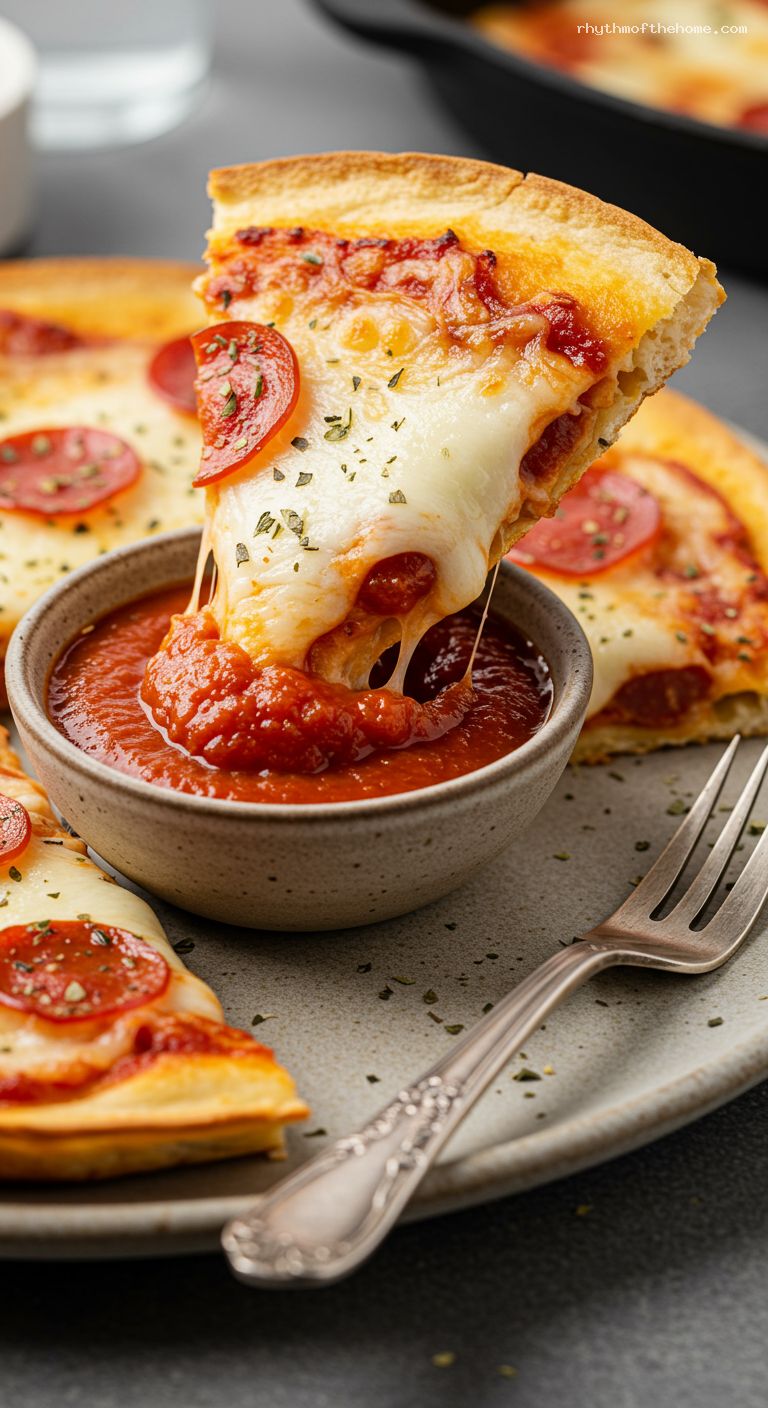 Skillet Tortilla Pizza Triangles with Mini Pepperoni – Closeup