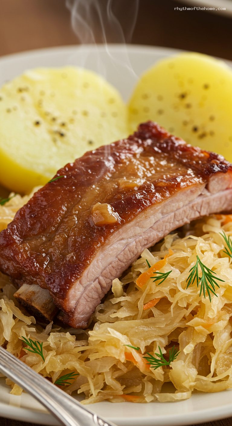 Slow-Braised Pork Ribs with Sauerkraut and Dill Potatoes – Closeup