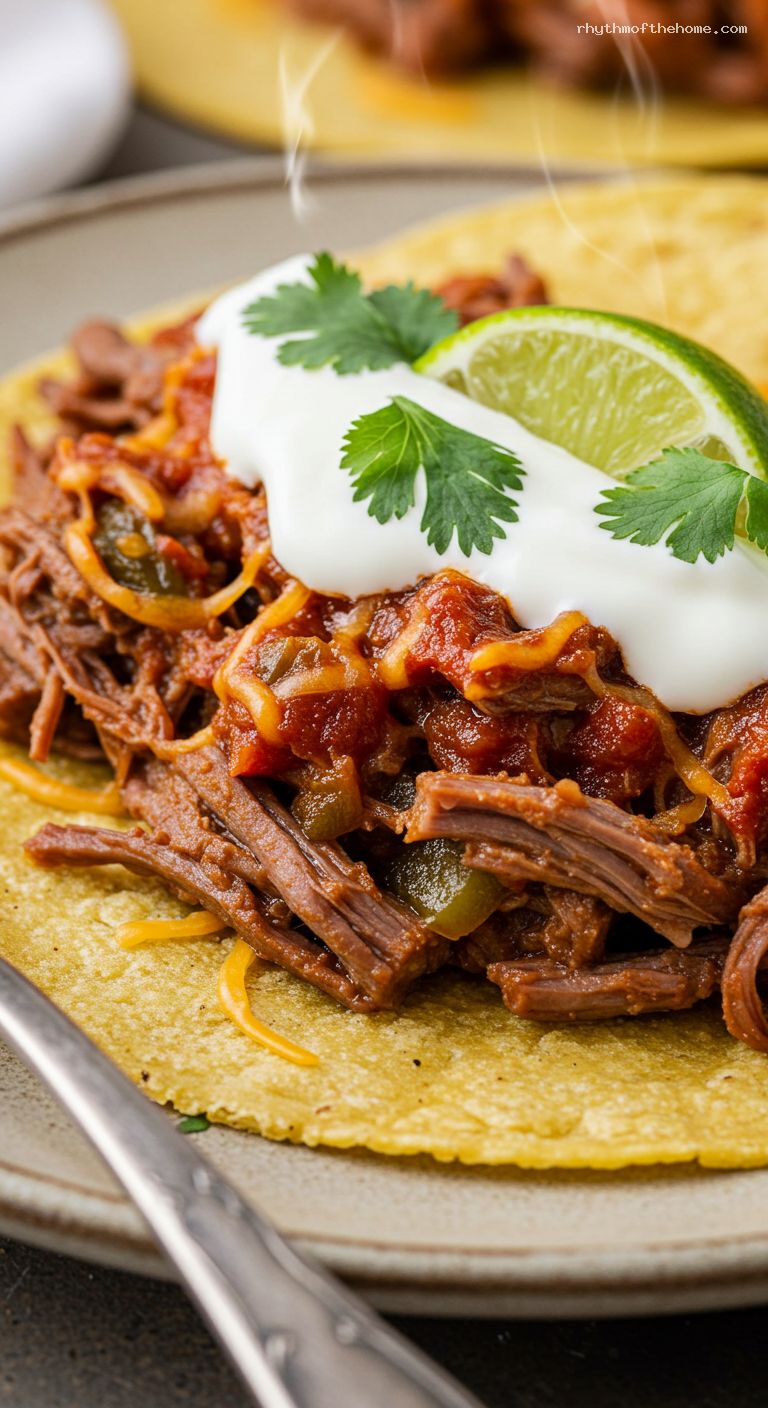 Slow-Cooked Shredded Beef Tacos with Mild Chiles – Closeup