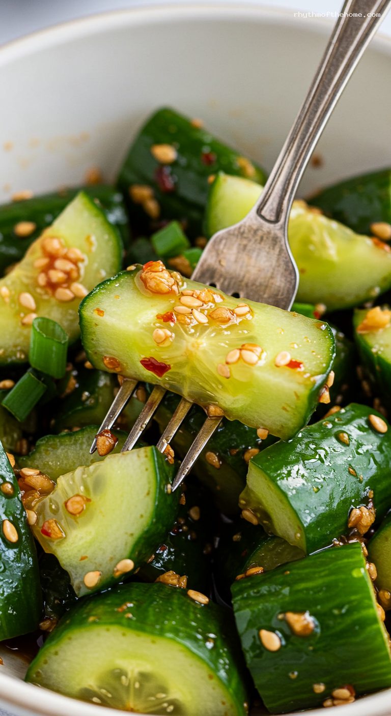 Smashed Cucumber Salad with Garlic-Chili Soy Dressing – Closeup