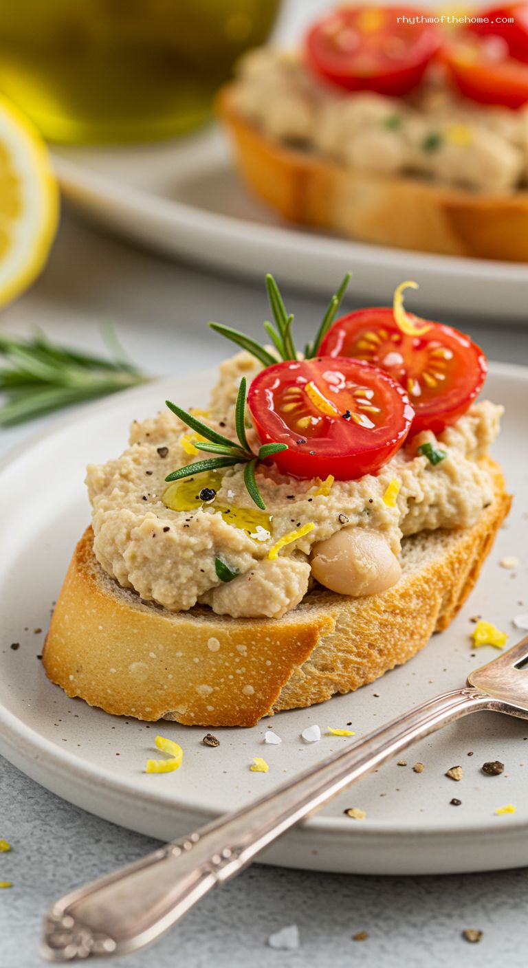 Smashed White Bean Lemon-Herb Crostini with Tomato Confetti – Closeup