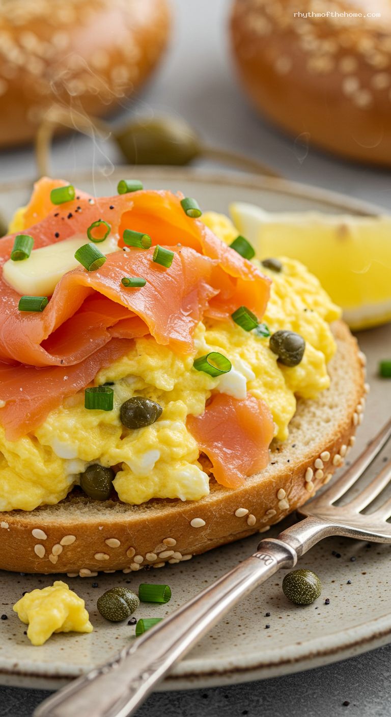 Smoked Salmon and Onion Scramble on Bagels – Closeup