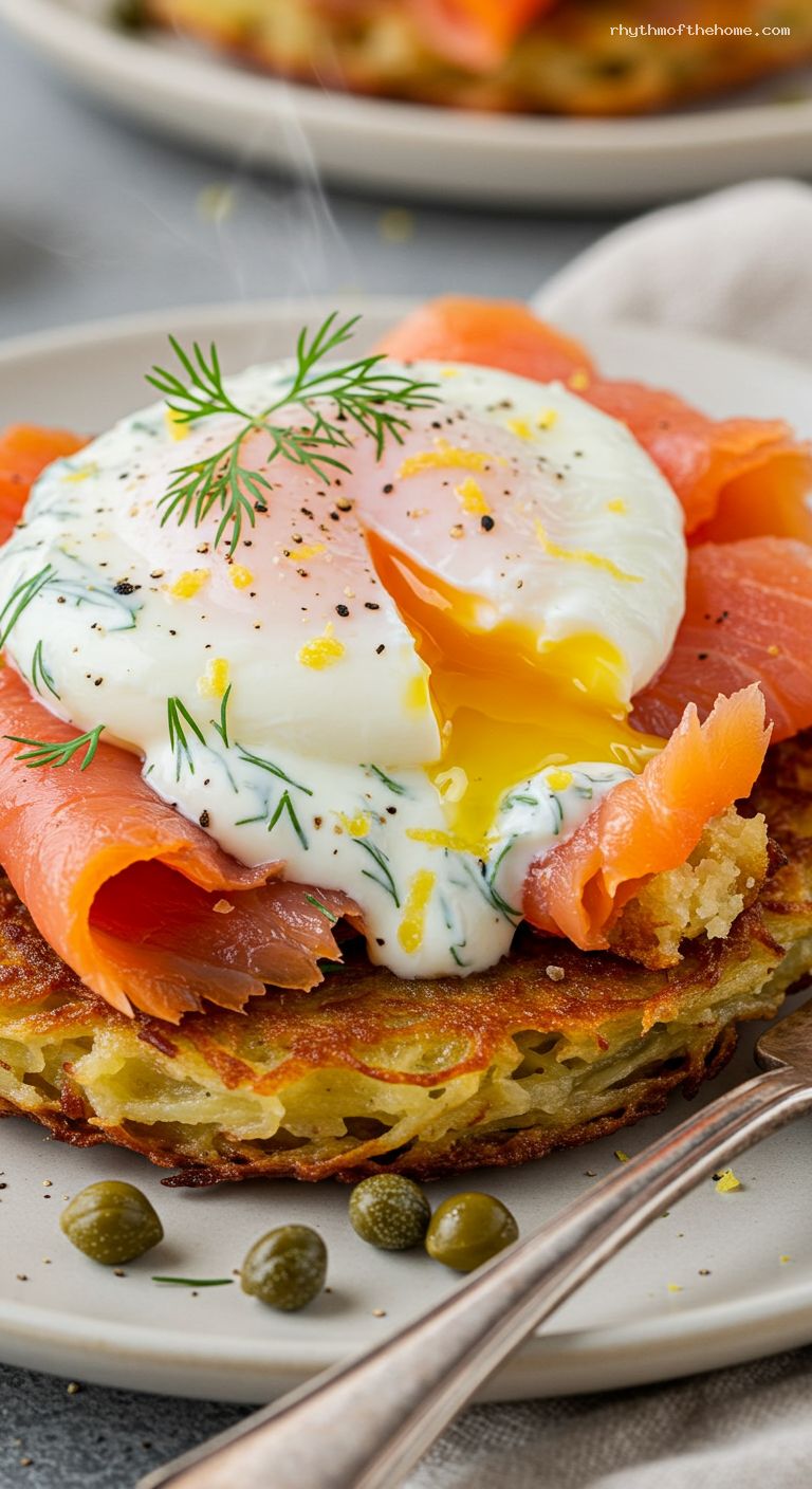 Smoked Salmon Latke Benedict with Dill-Lemon Sauce – Closeup