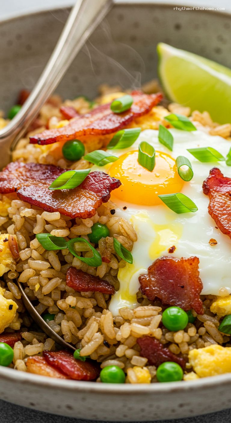 Smoky Bacon Breakfast Fried Rice with Soft Eggs – Closeup