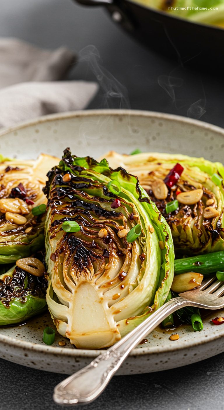 Smoky Hand-Torn Cabbage with Black Vinegar – Closeup