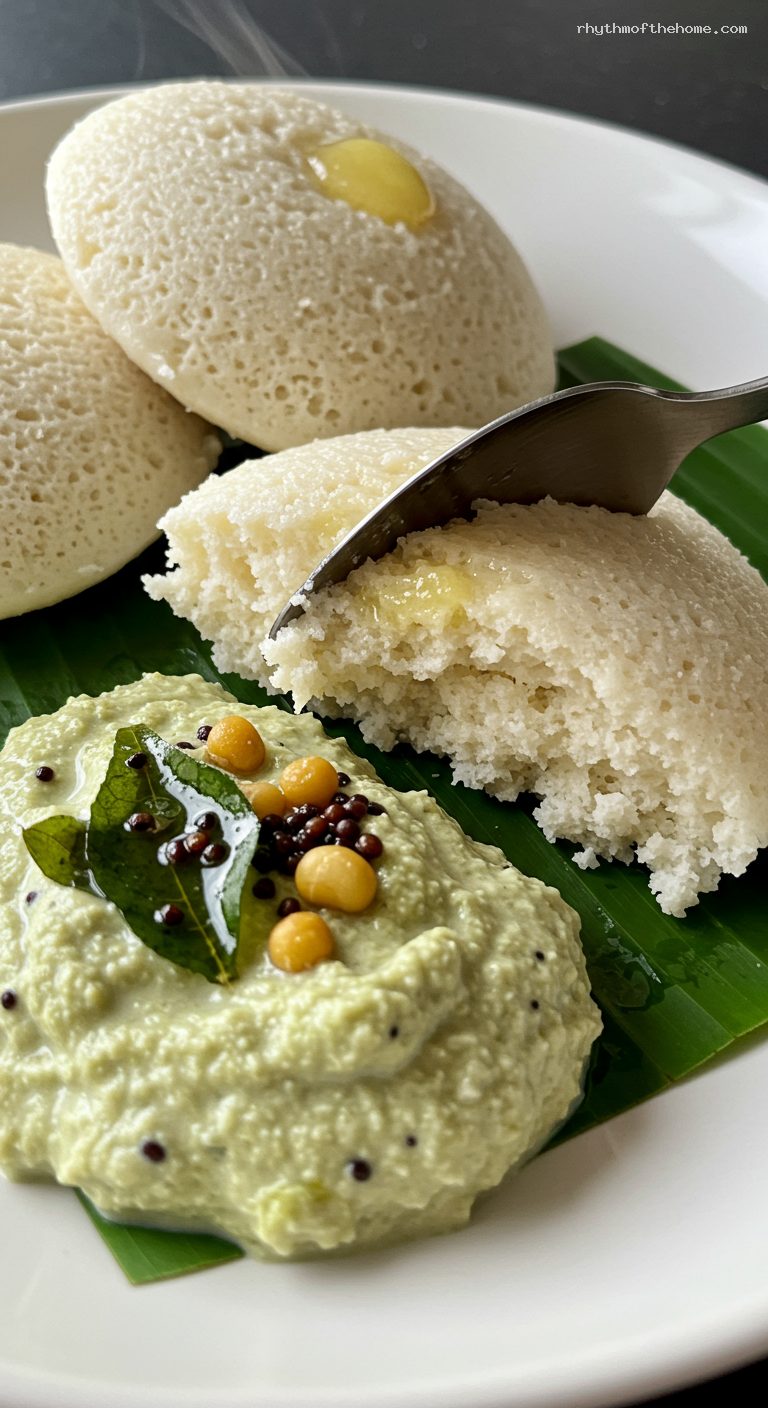 Soft Idli with Coconut Chutney and Ghee – Closeup