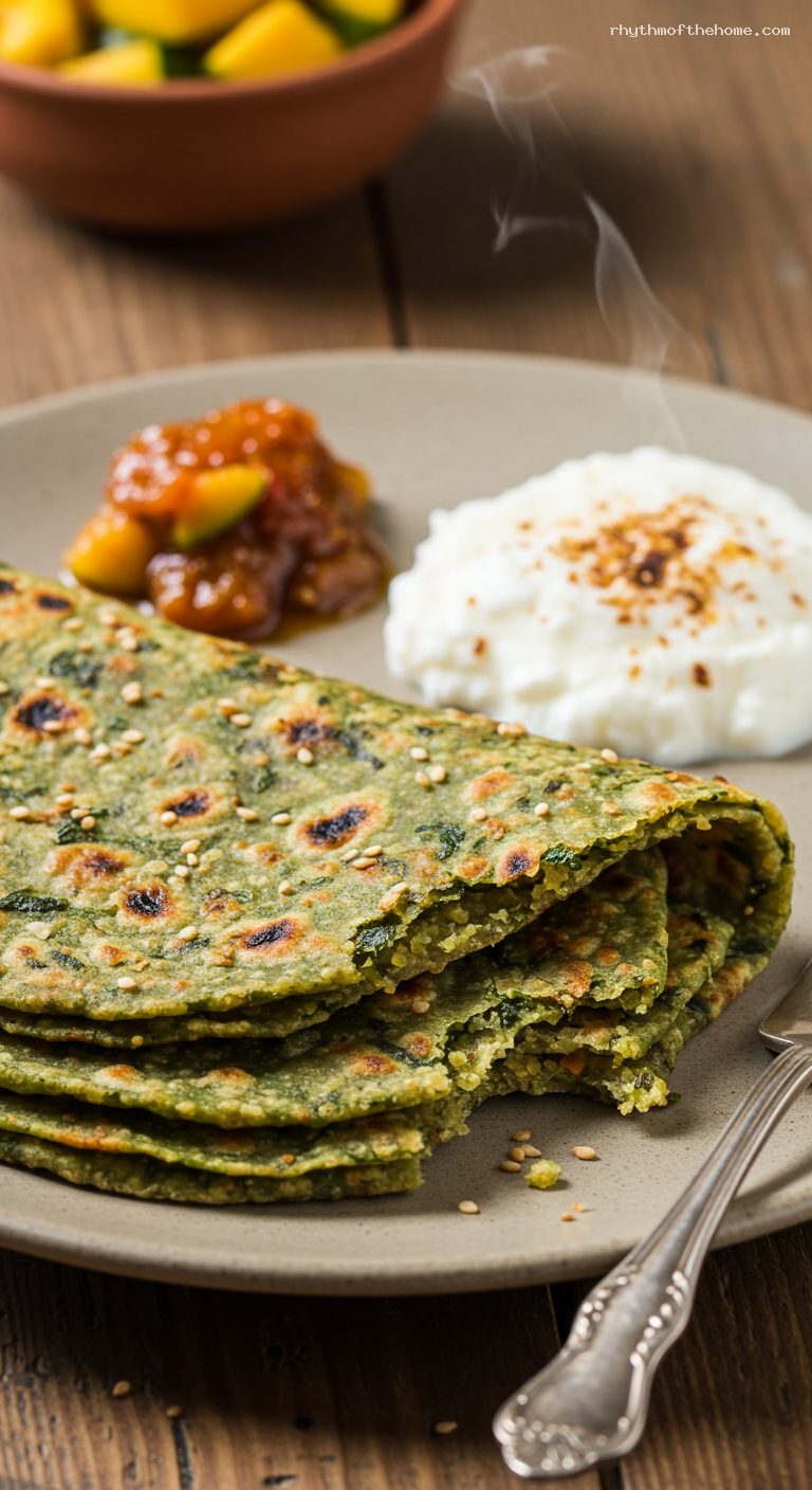 Soft Methi Thepla with Yogurt and Spices – Closeup