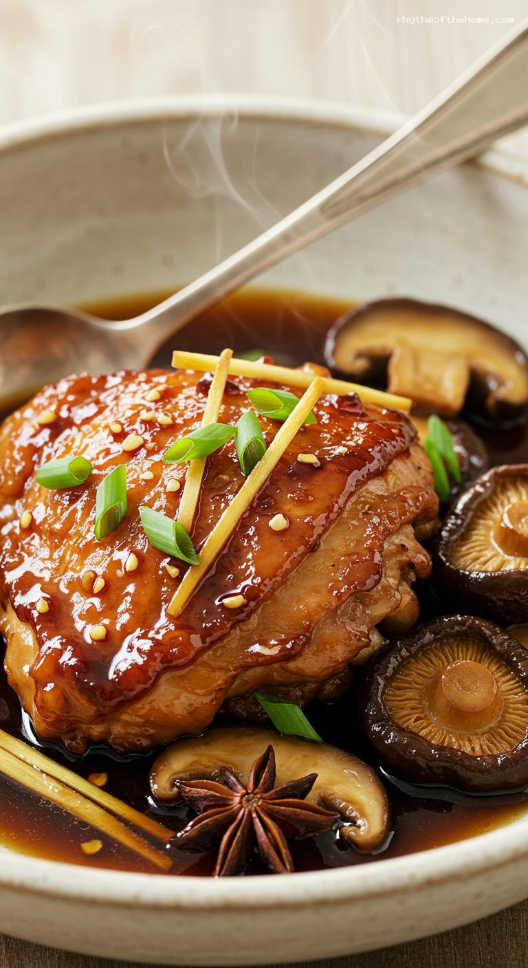 Soy-Braised Chicken with Shiitakes and Ginger – Closeup