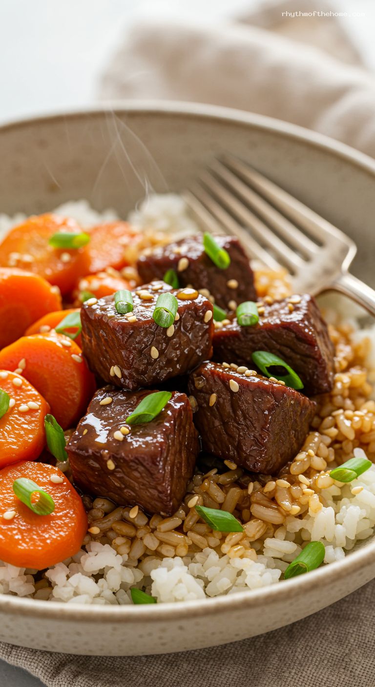 Soy-Ginger Braised Beef with Carrots over Buttered Rice – Closeup