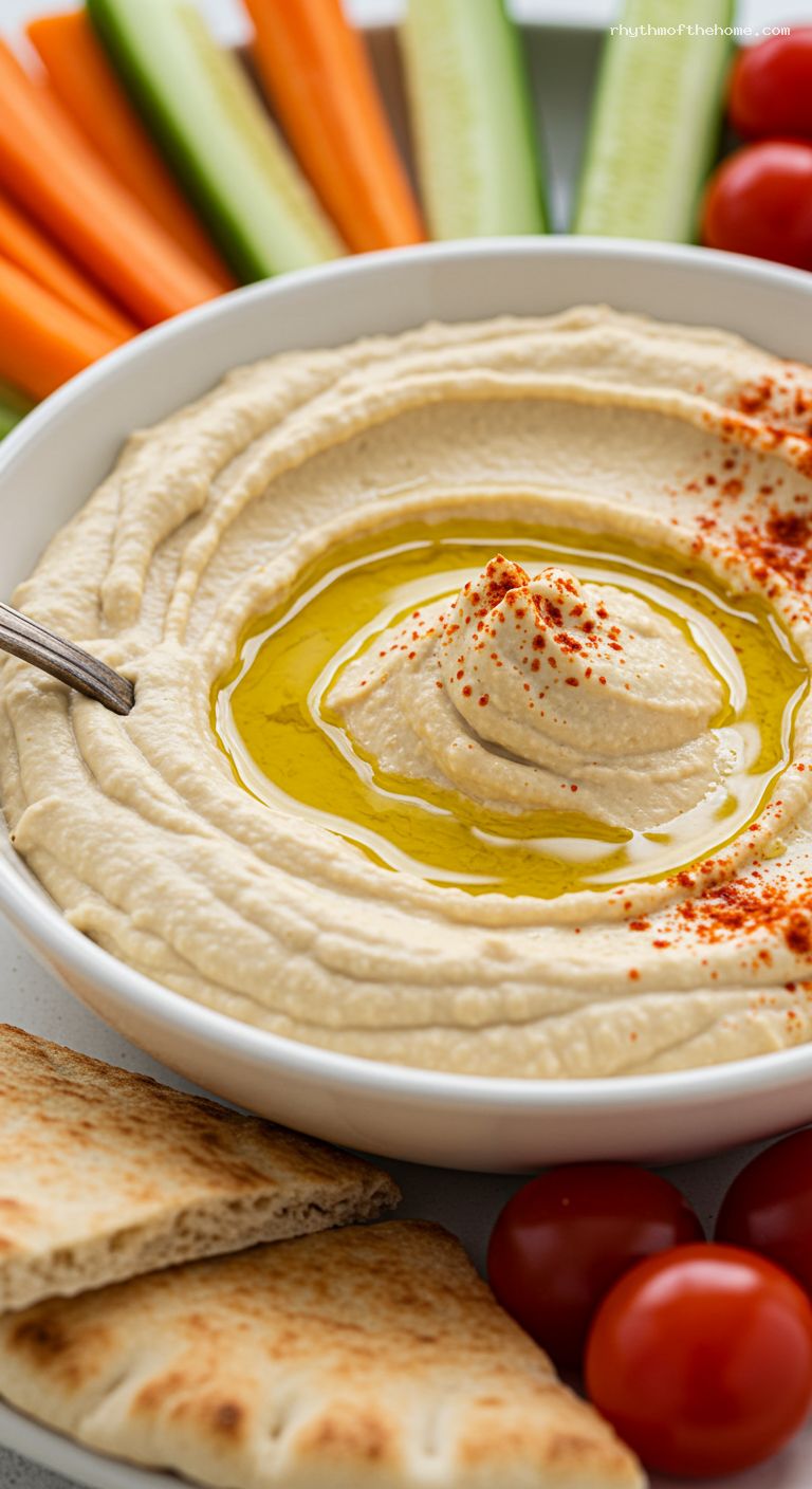 Speedy Hummus Plate with Fresh Veggies and Pita – Closeup
