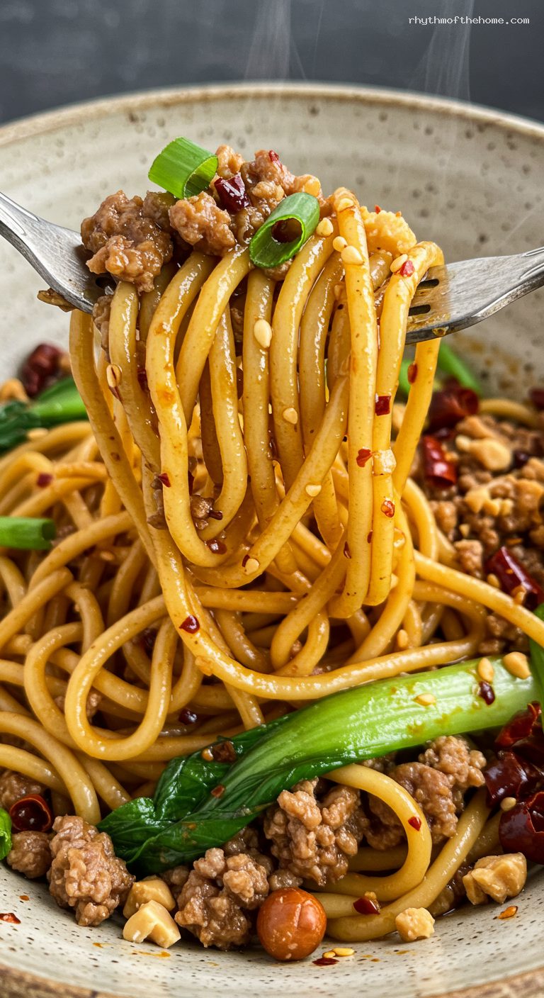 Spicy Dan Dan Noodles with Pork and Sesame – Closeup