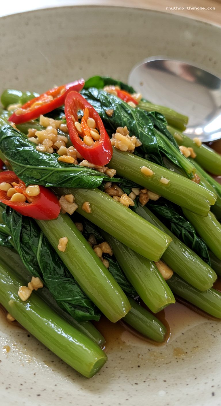 Spicy Thai Stir-Fried Morning Glory (Pad Pak Boong) – Closeup