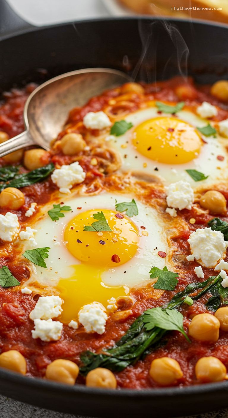 Spinach and Chickpea Shakshuka with Feta and Eggs – Closeup