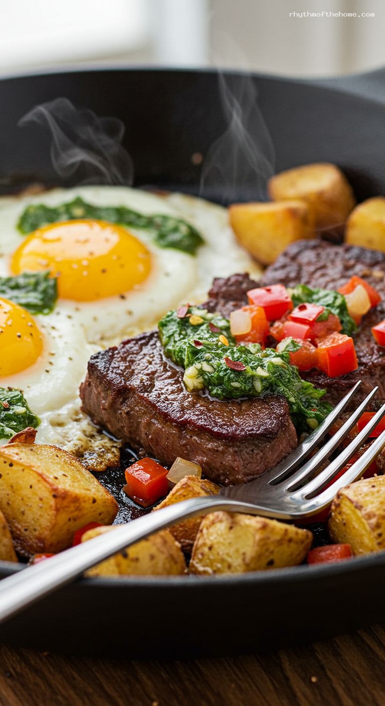 Steak and Eggs Skillet with Chimichurri Potatoes – Closeup