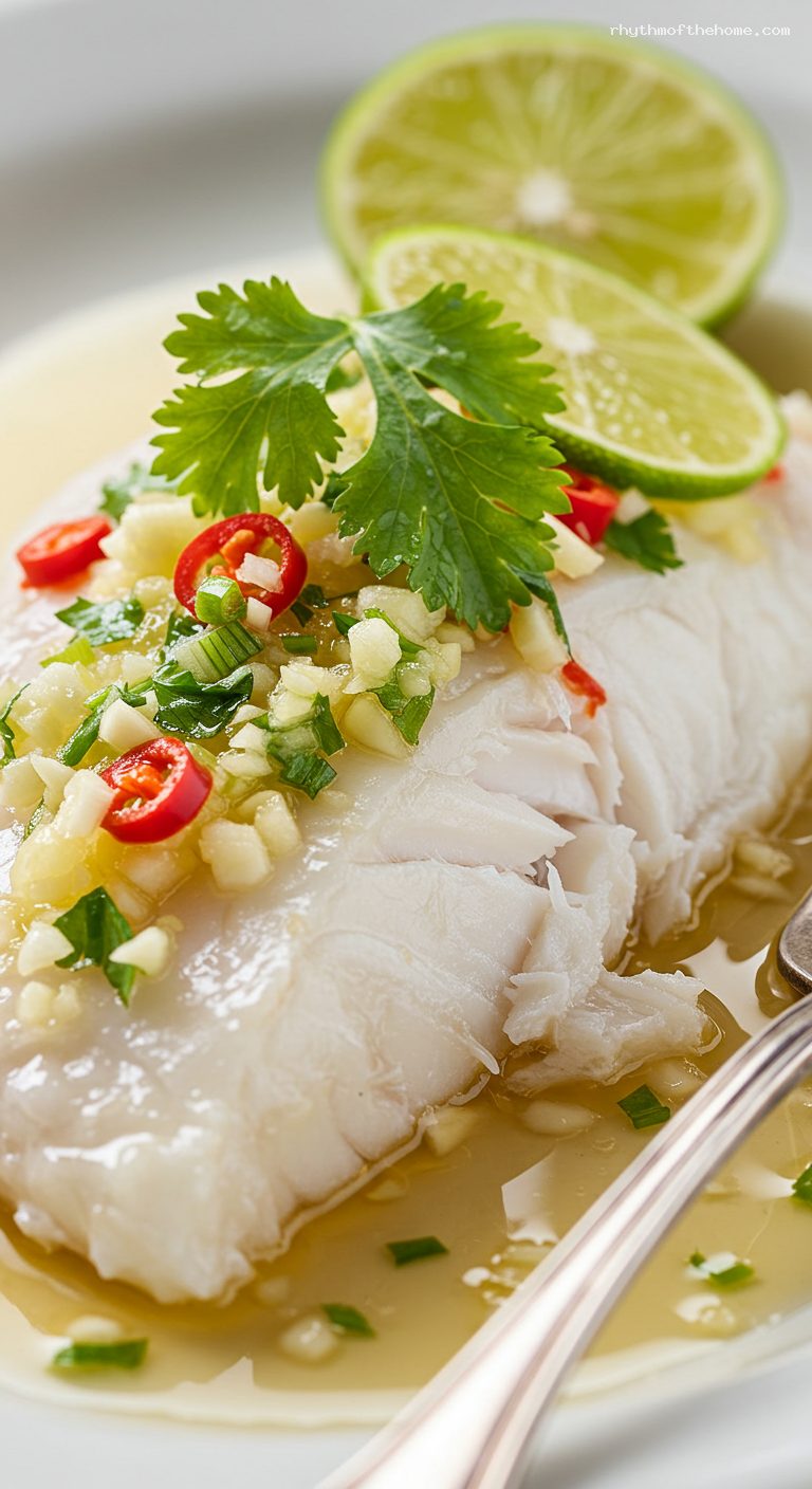 Steamed Fish with Lime, Garlic, and Chili – Closeup