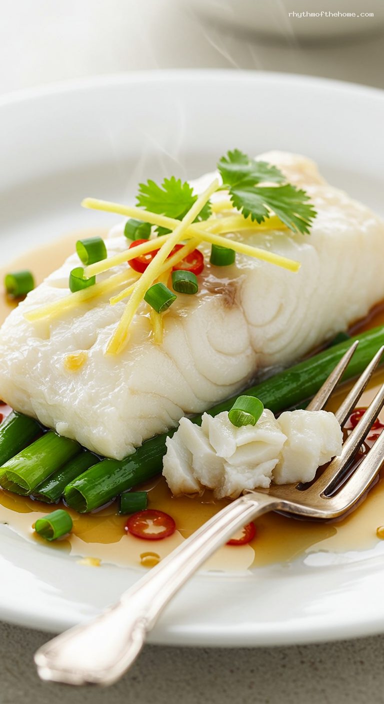 Steamed Ginger-Scallion Fish with Sizzling Soy Oil – Closeup