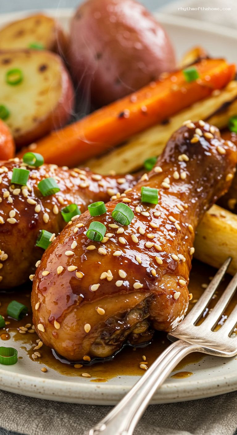 Sticky Ginger-Soy Roasted Drumsticks with Root Veggies – Closeup