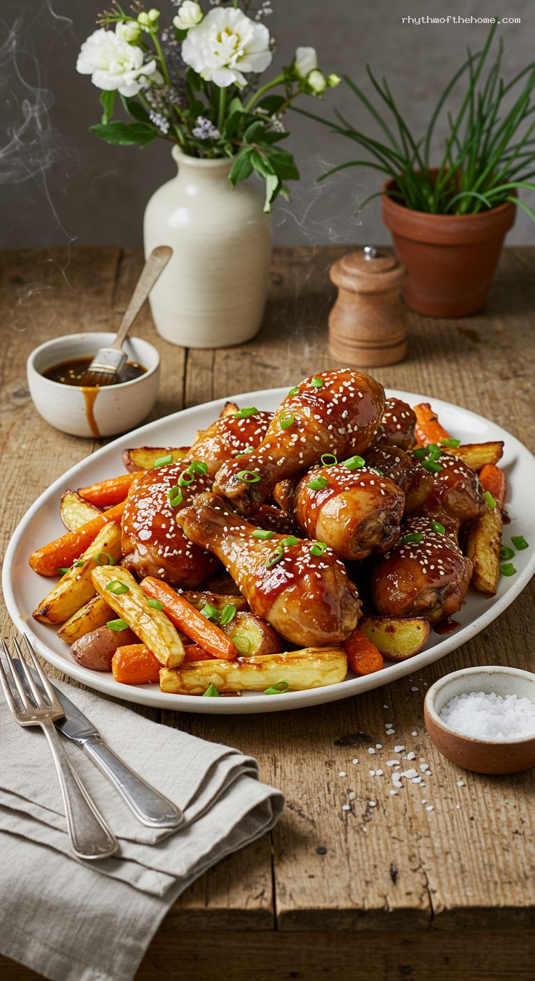 Sticky Ginger-Soy Roasted Drumsticks with Root Veggies