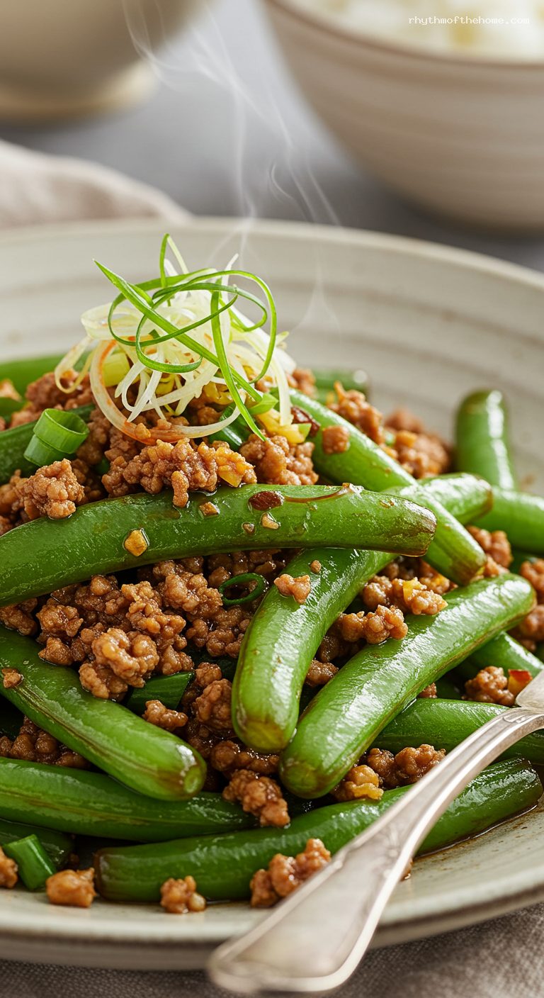 Stir-Fried Green Beans with Minced Pork – Closeup