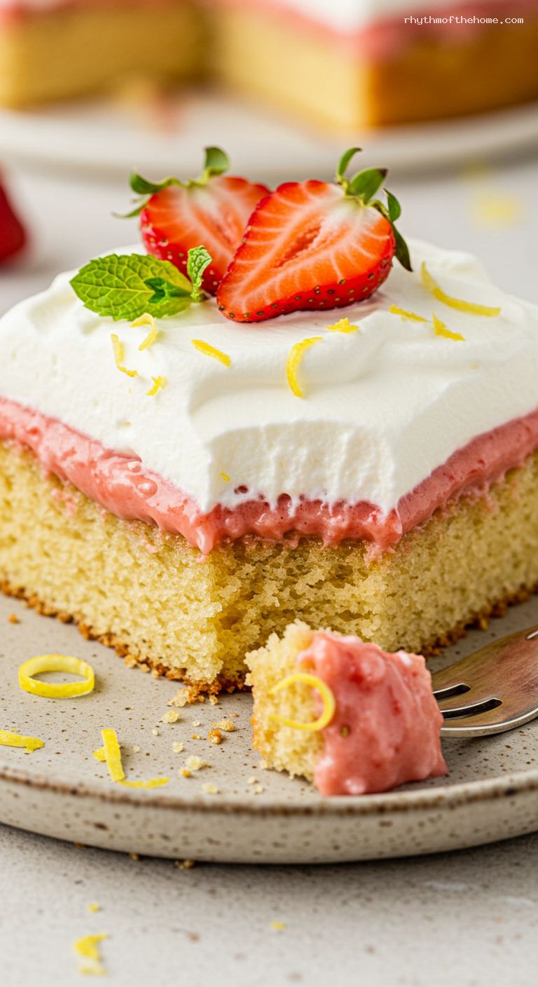 Strawberry Lemon Curd Poke Cake with Mascarpone Cream – Closeup
