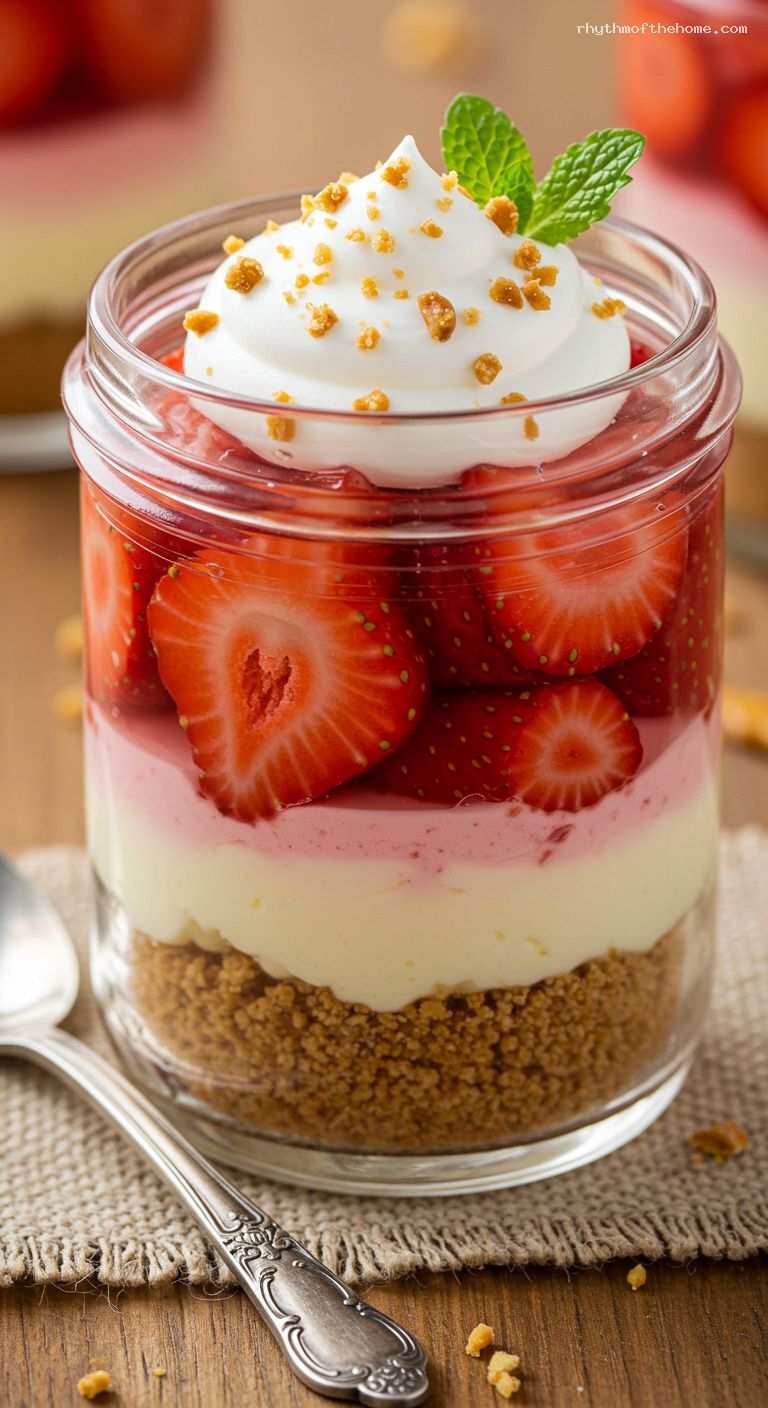 Strawberry Pretzel Salad Jars with Cheesecake Filling – Closeup