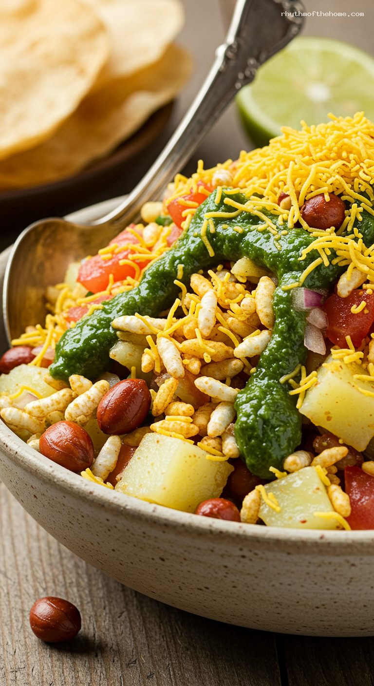Street-Style Bhel Puri with Tamarind and Green Chutney – Closeup