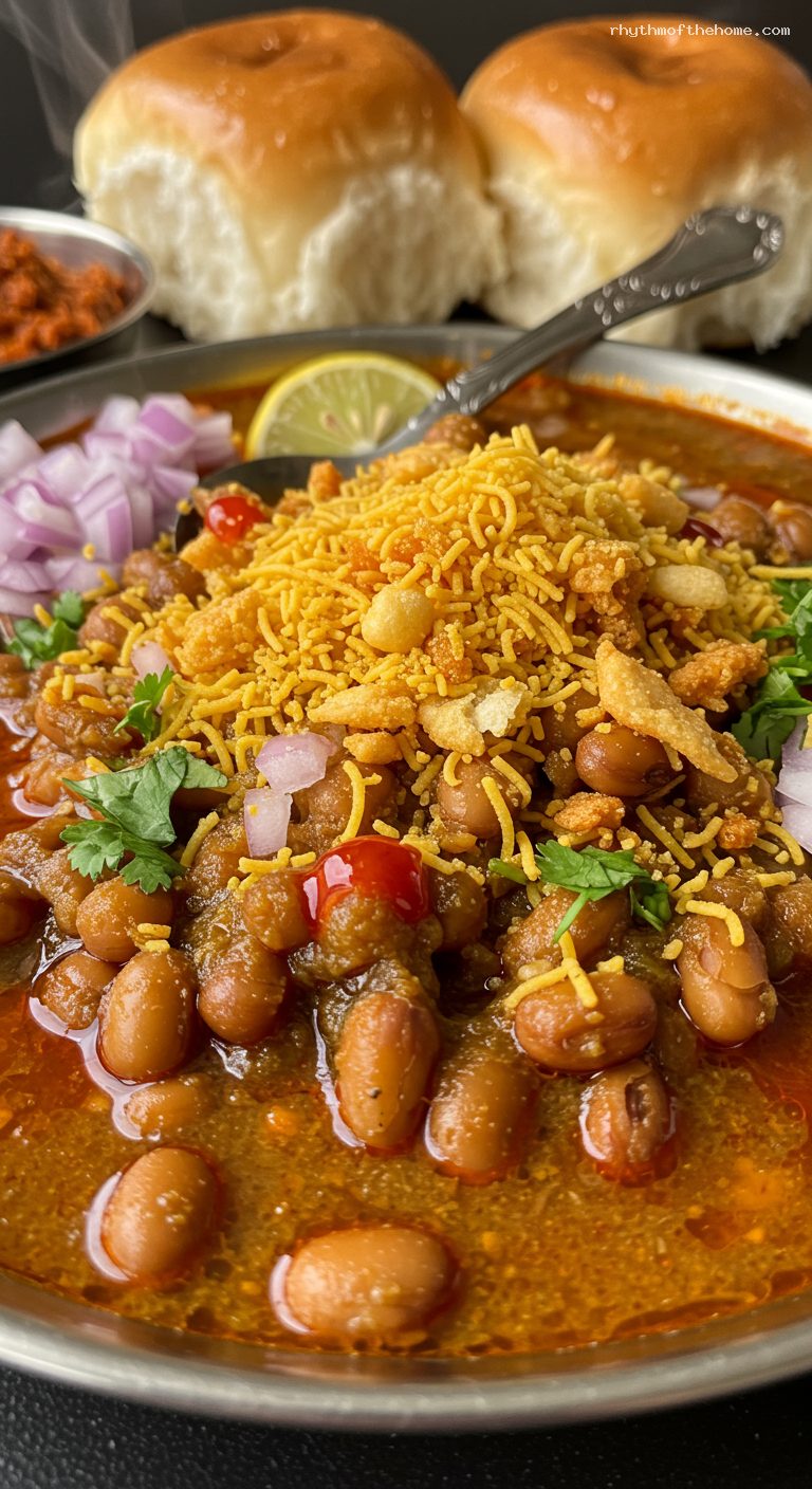 Street-Style Misal Pav with Fiery Kala Masala – Closeup