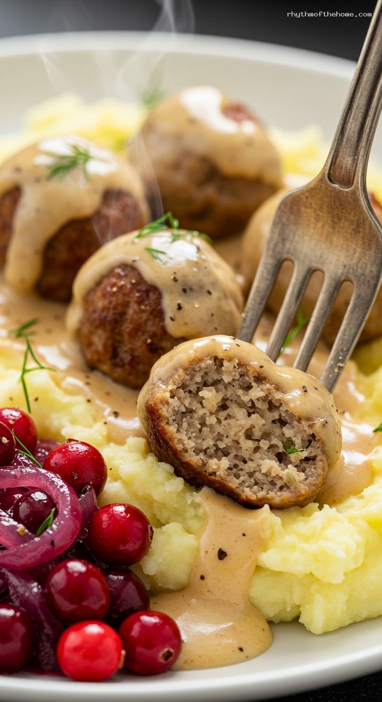 Swedish Meatballs with Nutmeg Cream and Root Mash – Closeup