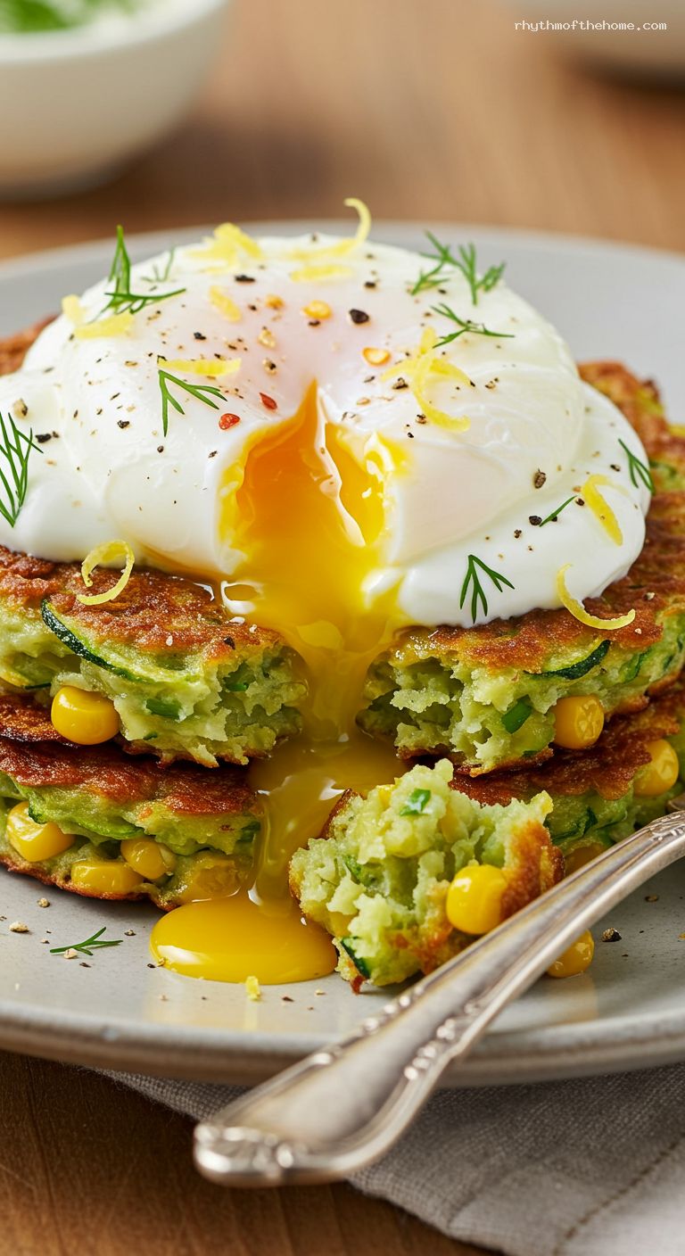 Sweet Corn Zucchini Fritters with Lemon-Herb Yogurt – Closeup