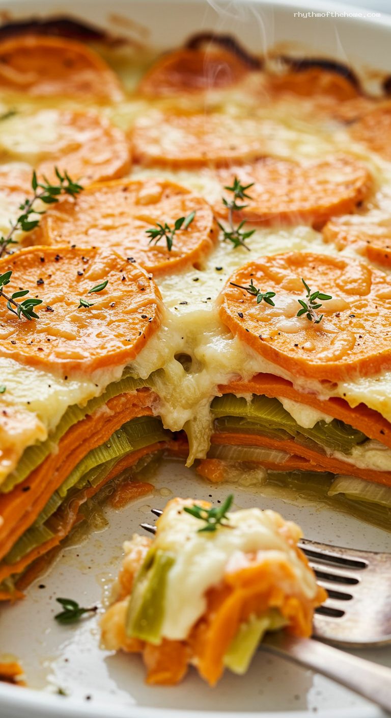 Sweet Potato and Caramelized Leek Gratin with Gruyère – Closeup