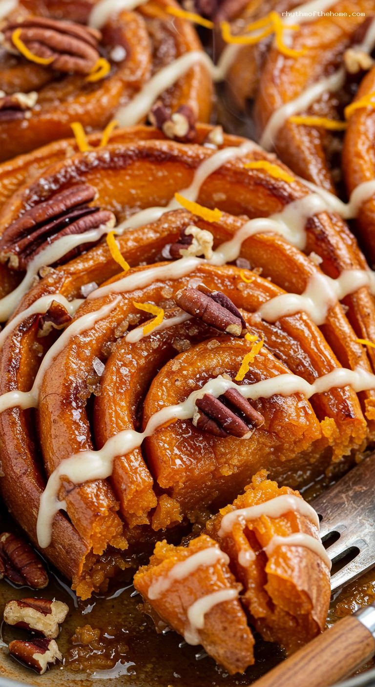 Sweet Potato Cinnamon Roll Casserole with Pecan Crunch – Closeup