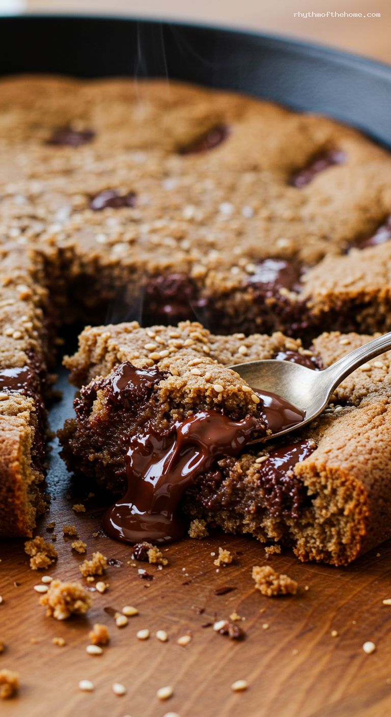 Tahini Chocolate Chip Skillet Cookie with Sesame Seeds – Closeup