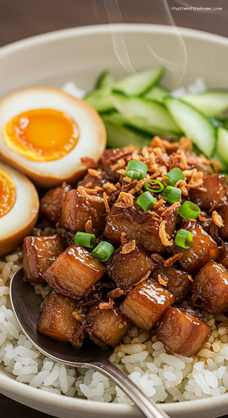 Taiwanese Braised Pork Rice (Lu Rou Fan) – Closeup