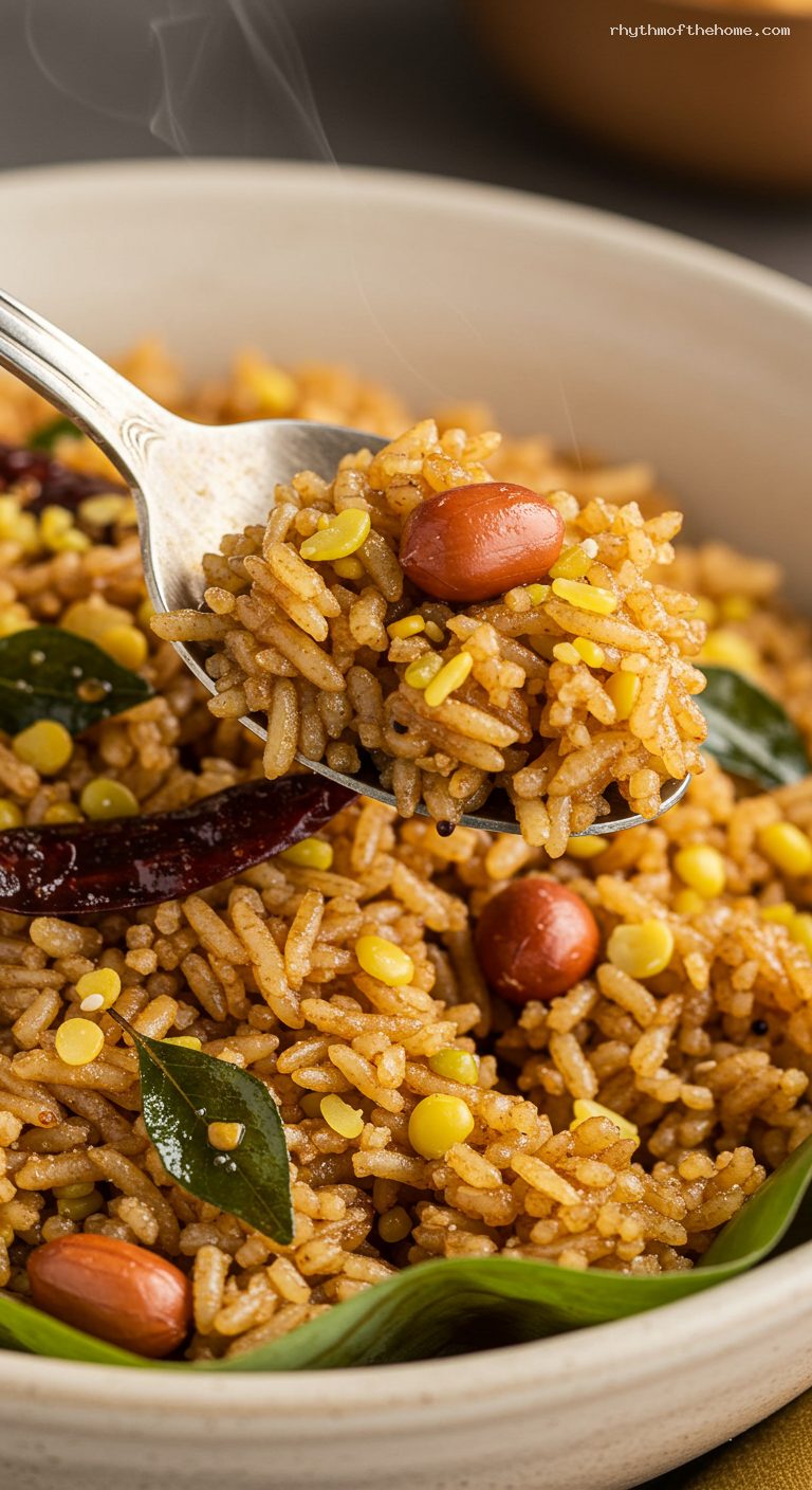 Tangy Tamarind Rice (Puliyodarai) with Crunchy Peanuts – Closeup
