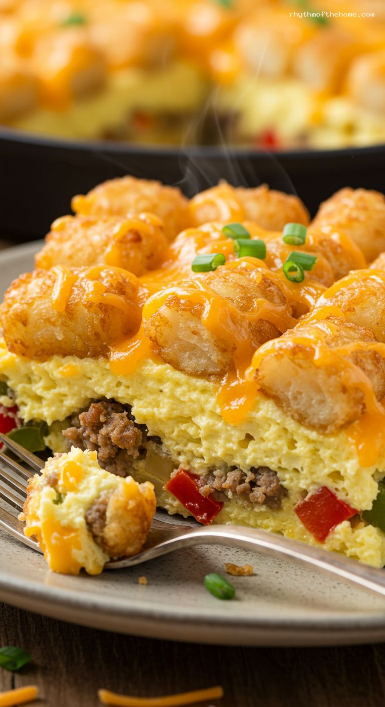 Tater Tot Breakfast Bake with Sausage and Peppers – Closeup