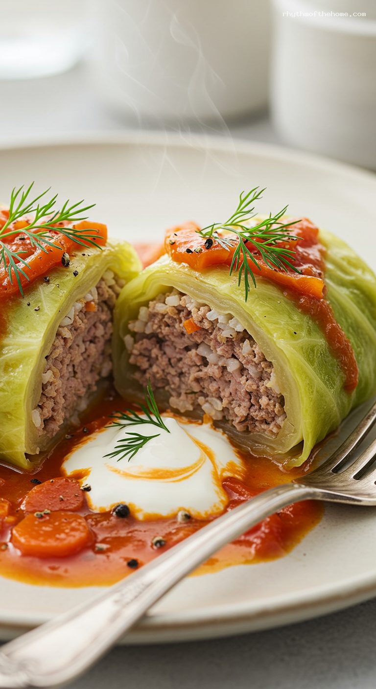 Tender Cabbage Rolls in Tomato-Dill Sauce – Closeup