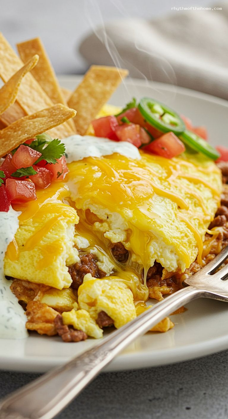 Tex-Mex Migas with Cheddar and Cilantro-Lime Crema – Closeup