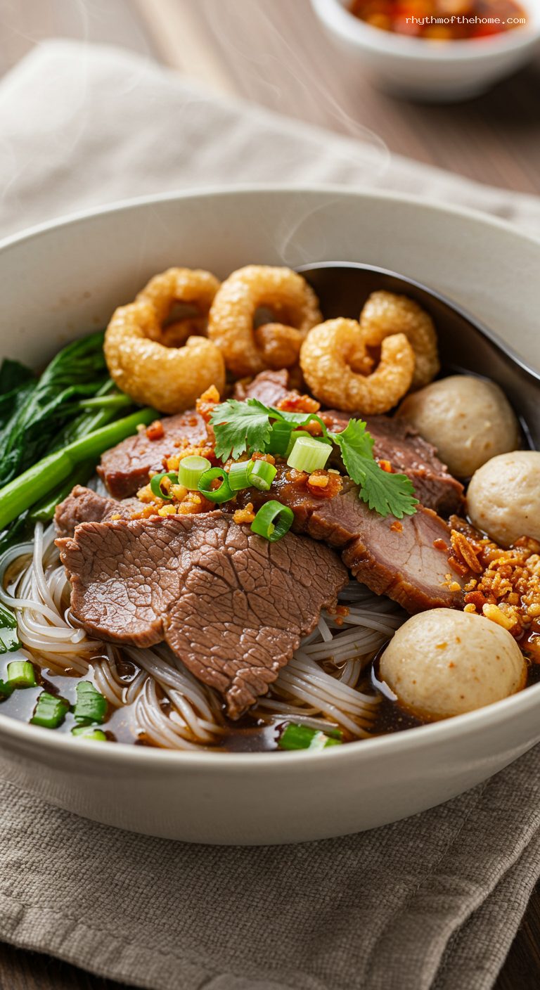 Thai Boat Noodles with Spiced Dark Broth – Closeup
