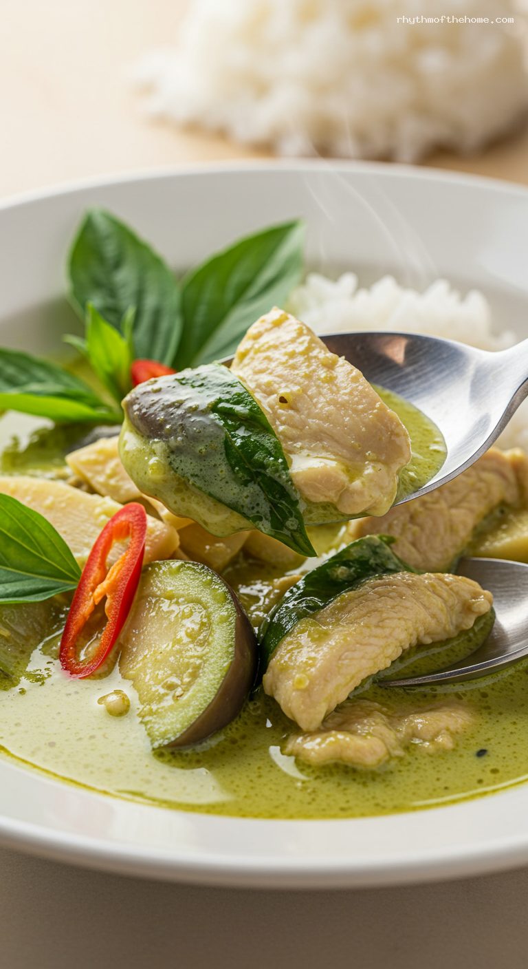 Thai Green Curry Chicken with Coconut and Basil – Closeup