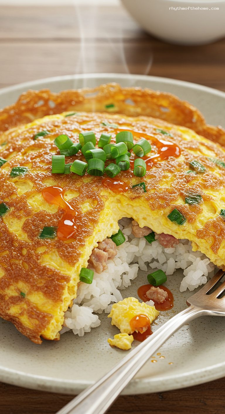 Thai Puffy Omelet (Kai Jeow) Over Rice – Closeup