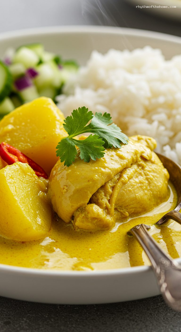 Thai Yellow Chicken Curry with Potatoes and Cucumber Relish – Closeup