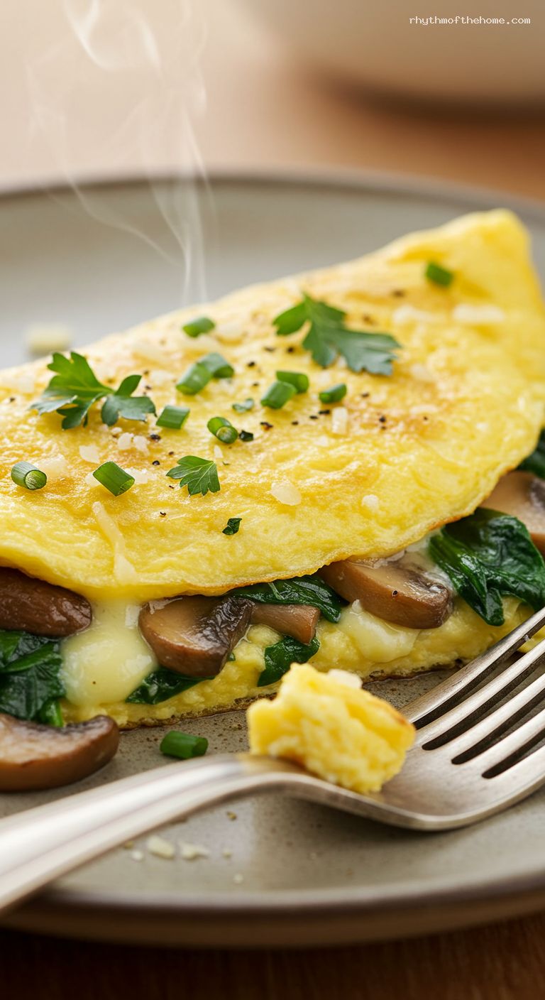 Three-Cheese Herb Omelet with Mushrooms and Spinach – Closeup