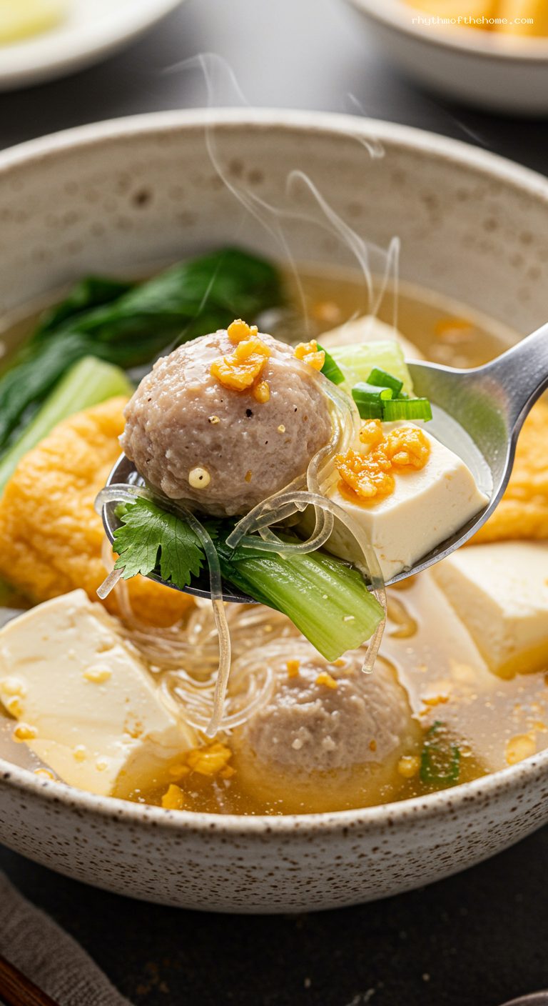 Tom Jued Tao Hoo: Tofu and Glass Noodle Soup – Closeup