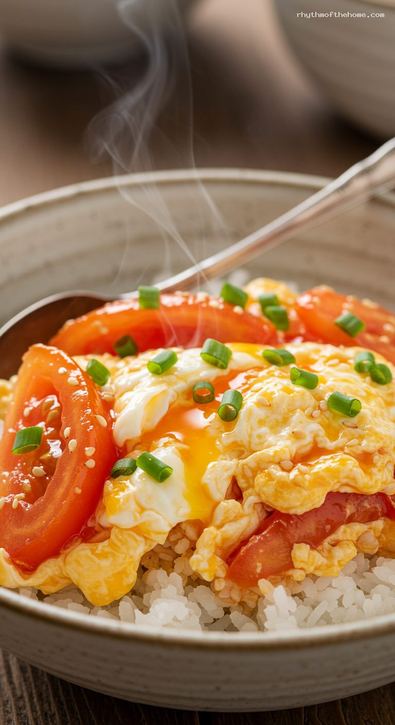 Tomato and Egg Stir-Fry with Scallions Over Rice – Closeup