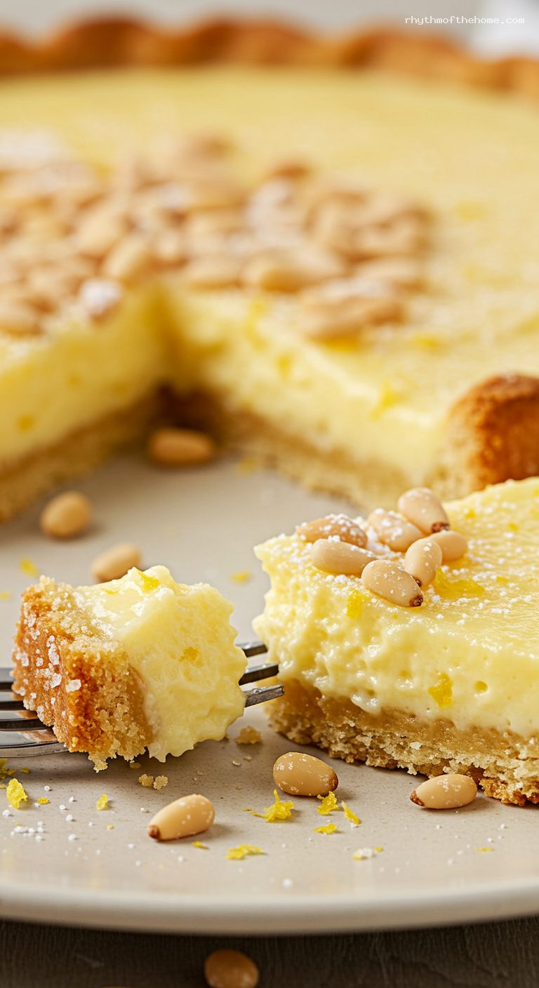 Torta della Nonna with Lemon Custard and Pine Nuts – Closeup