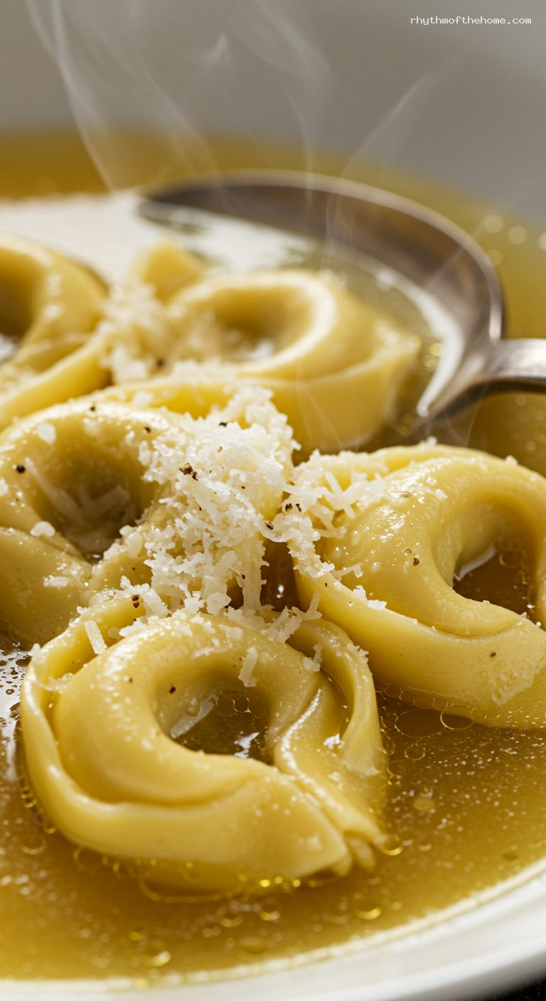 Tortellini in Brodo with Parmigiano and Nutmeg – Closeup