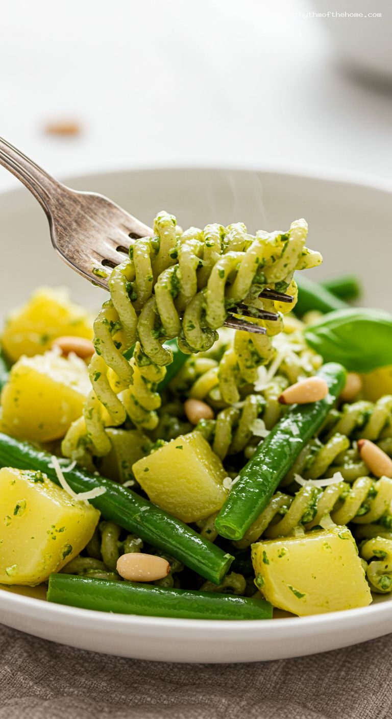 Trofie al Pesto Genovese with Potatoes and Green Beans – Closeup