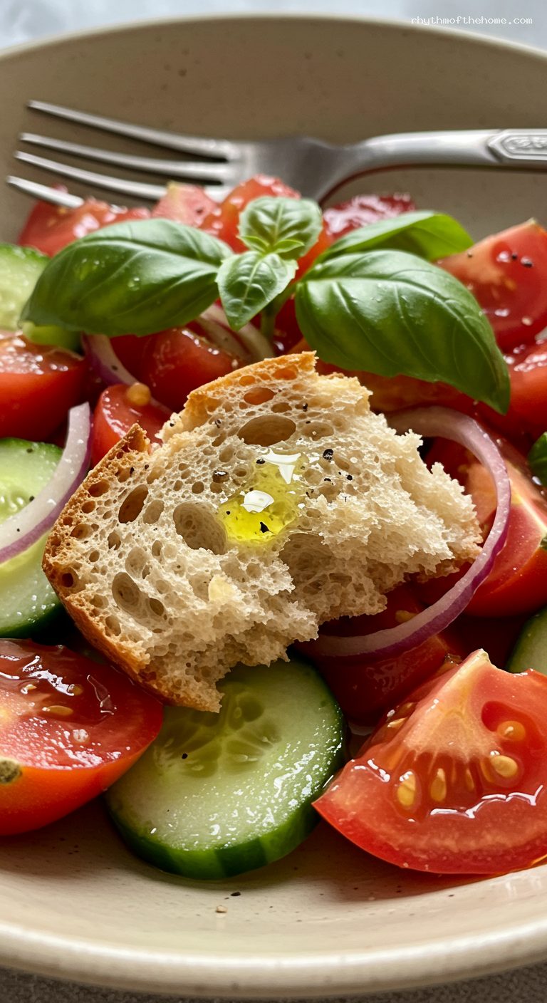 Tuscan Panzanella with Ripe Tomatoes and Basil – Closeup