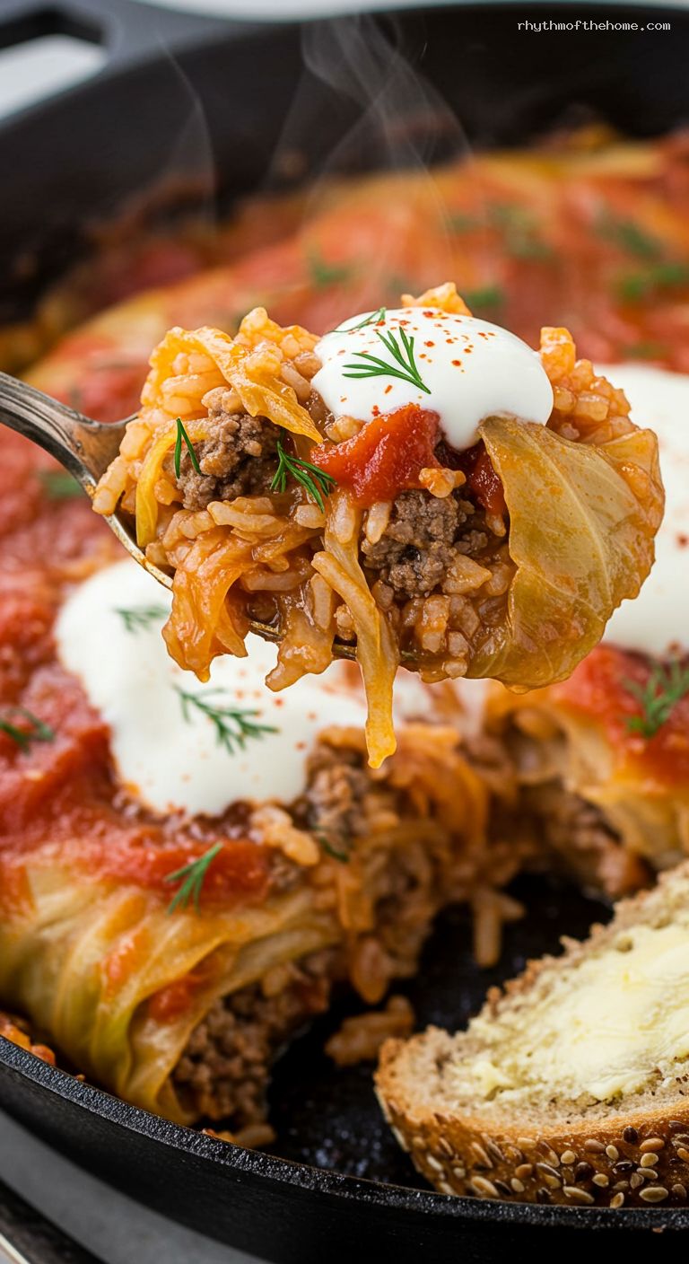 Unstuffed Cabbage Roll Skillet with Beef and Rice – Closeup