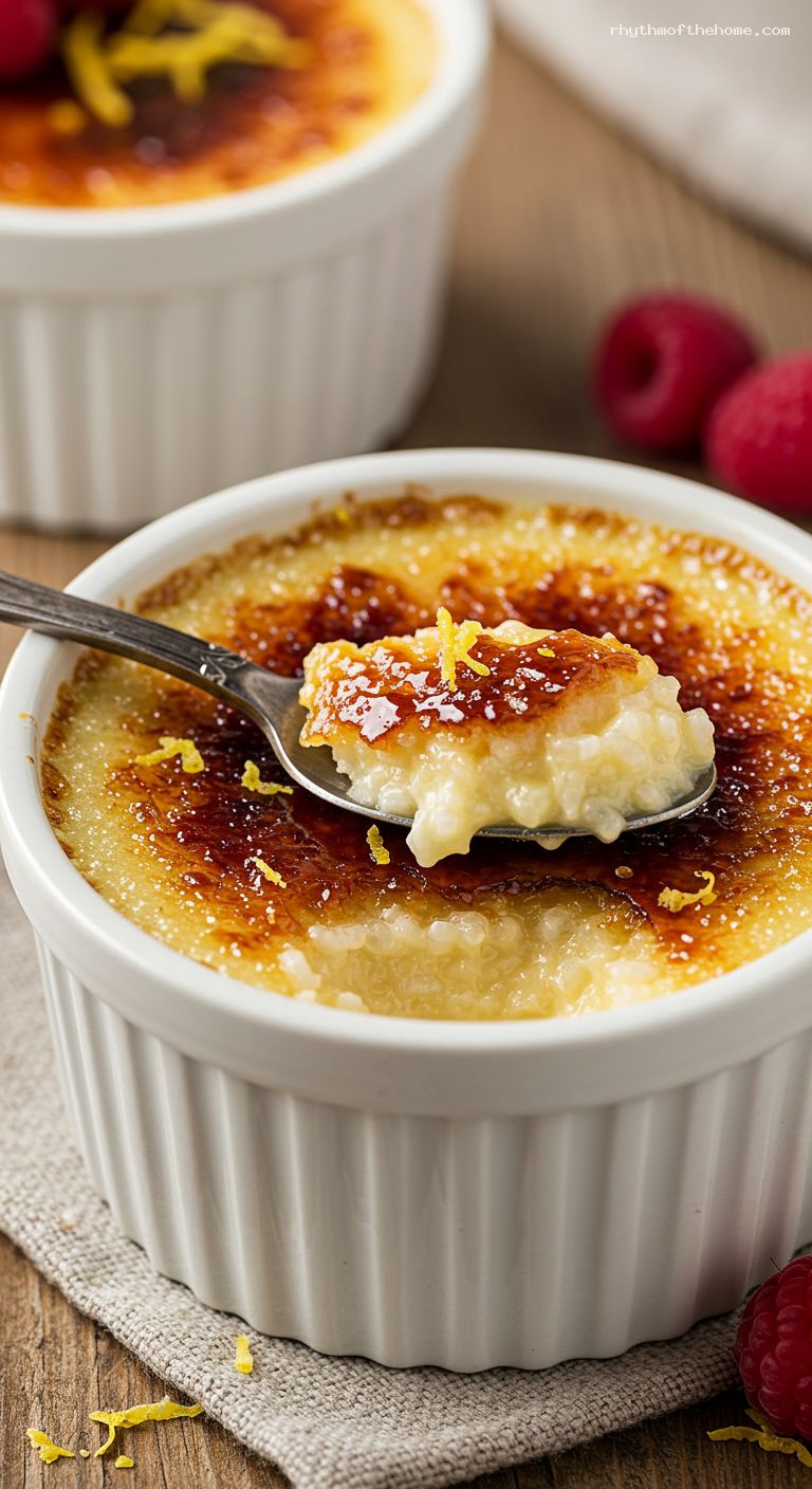 Vanilla Rice Pudding Brûlée with Crackly Sugar Top – Closeup